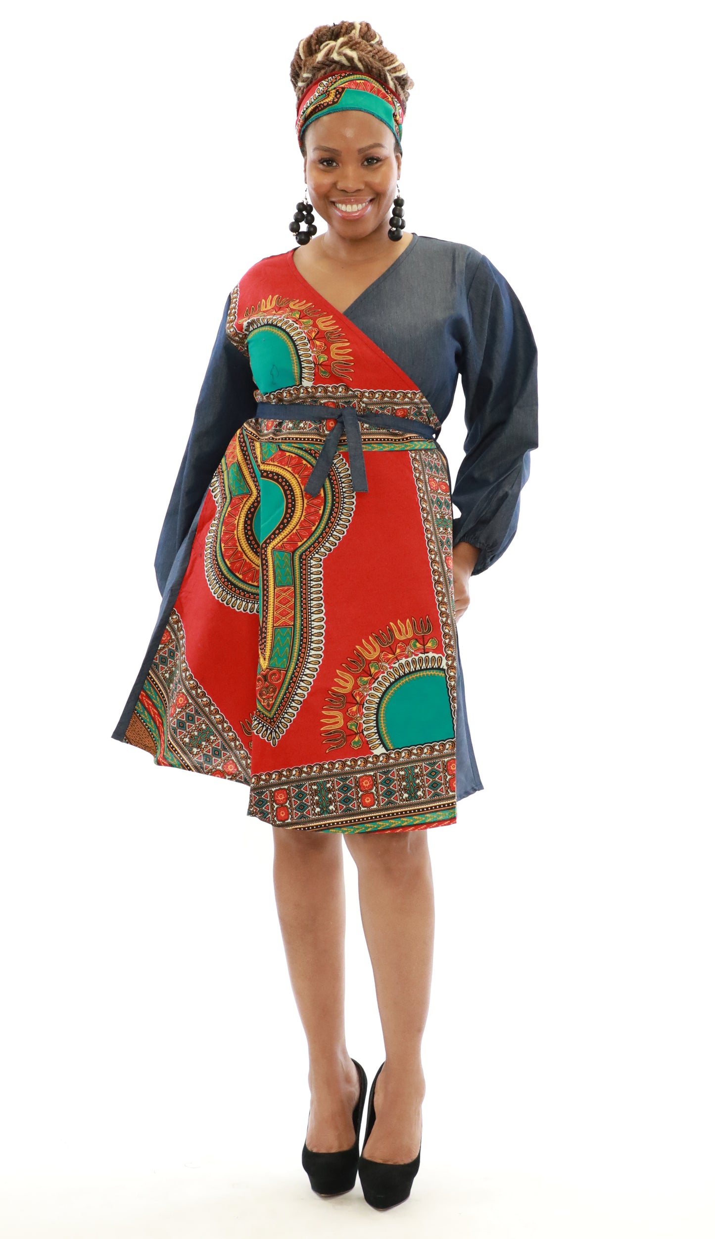 African Dashiki Print Wrap Denim Dress (Dashiki Print- 6 Colors)