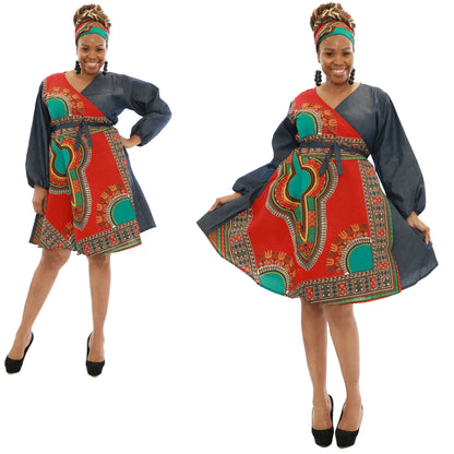 African Dashiki Print Wrap Denim Dress (Dashiki Print- 6 Colors)