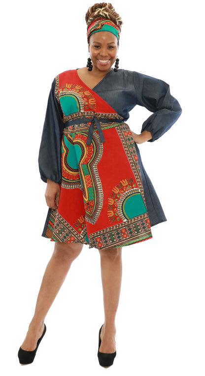 African Dashiki Print Wrap Denim Dress (Dashiki Print- 6 Colors)