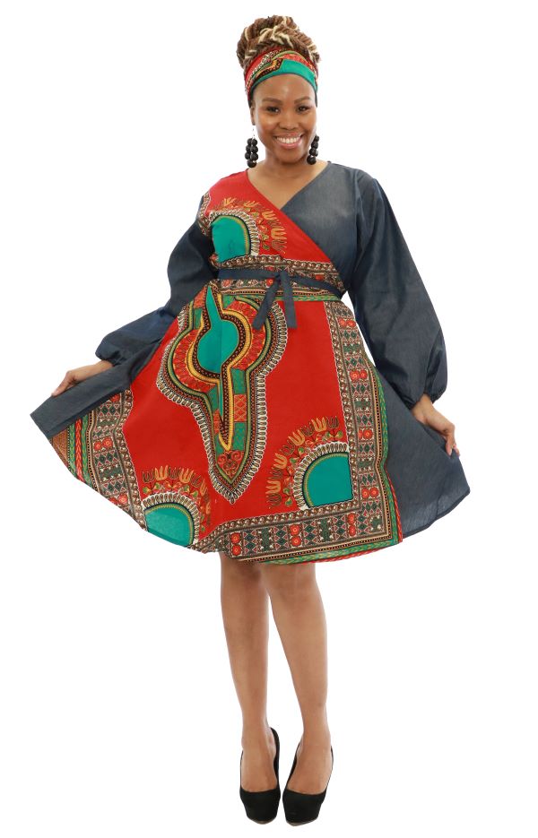 African Dashiki Print Wrap Denim Dress (Dashiki Print- 6 Colors)