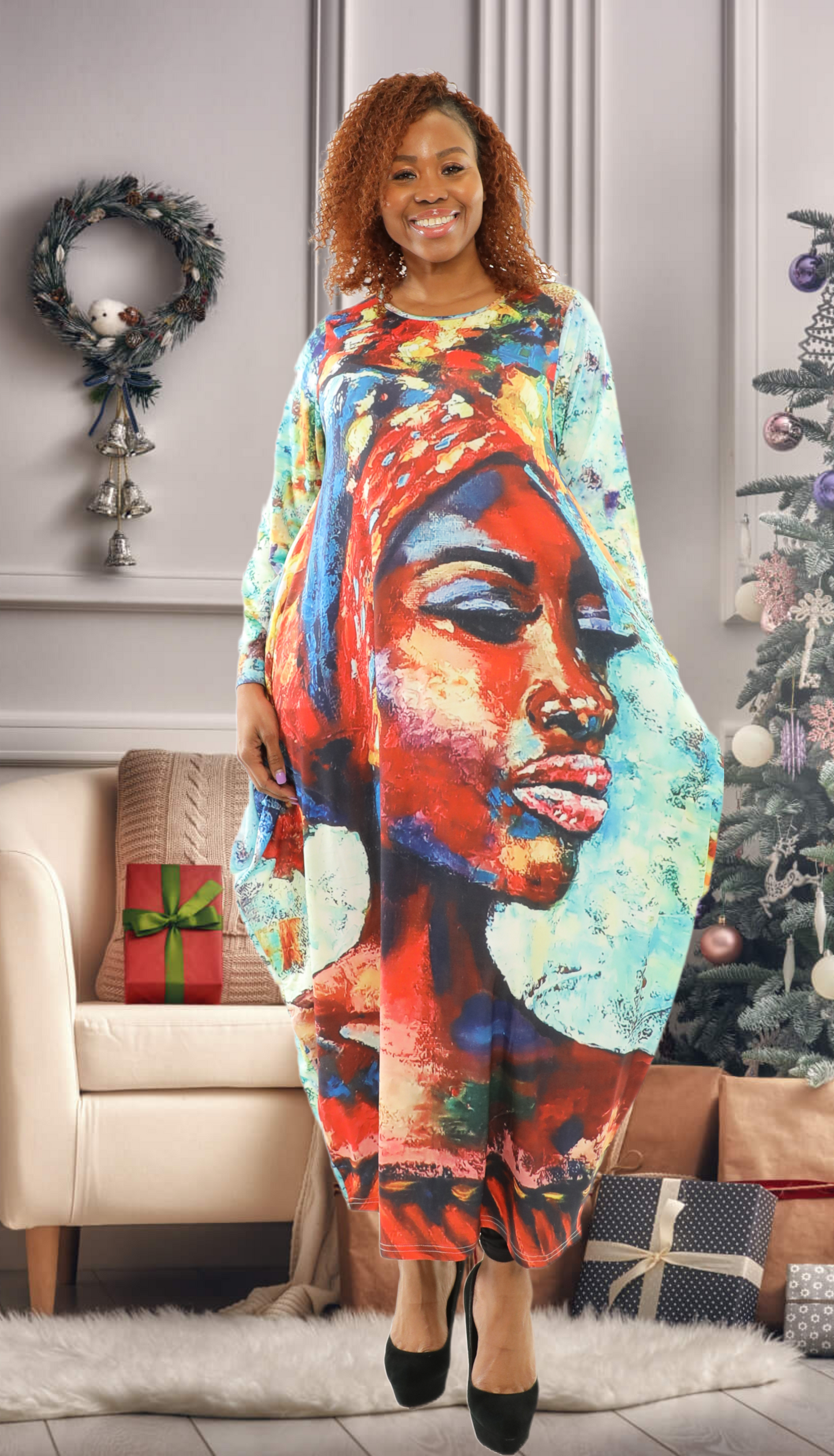 Women's Oversize Comfy-Fit Digital Print Dress - Long Sleeves & Side Pockets