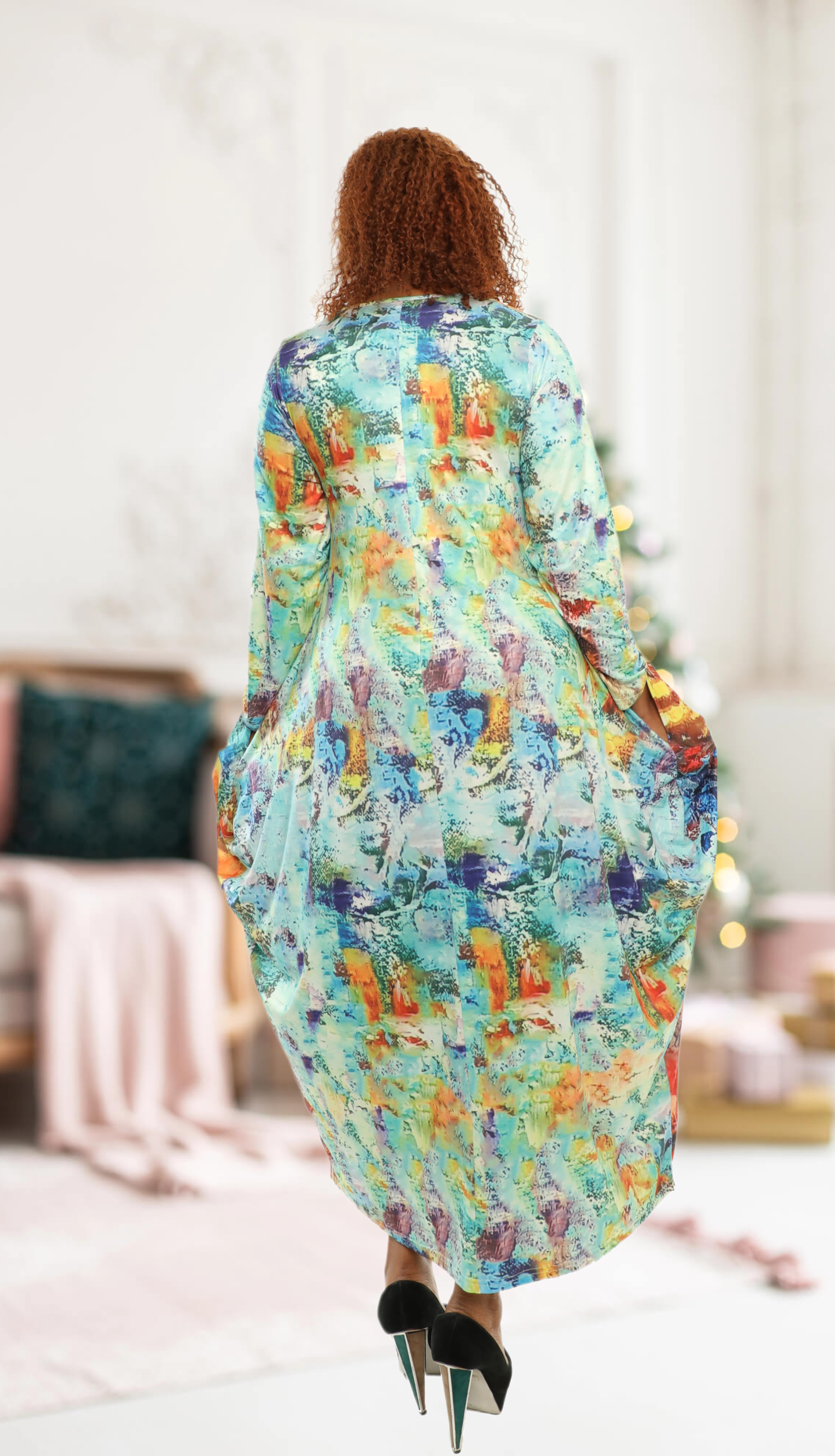 Women's Oversize Comfy-Fit Digital Print Dress - Long Sleeves & Side Pockets