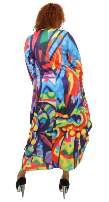 Women's Oversize Loose and Comfortable Fit Baggy Dress Digital Print Long Sleeves With Side Pockets - One Size Fits All