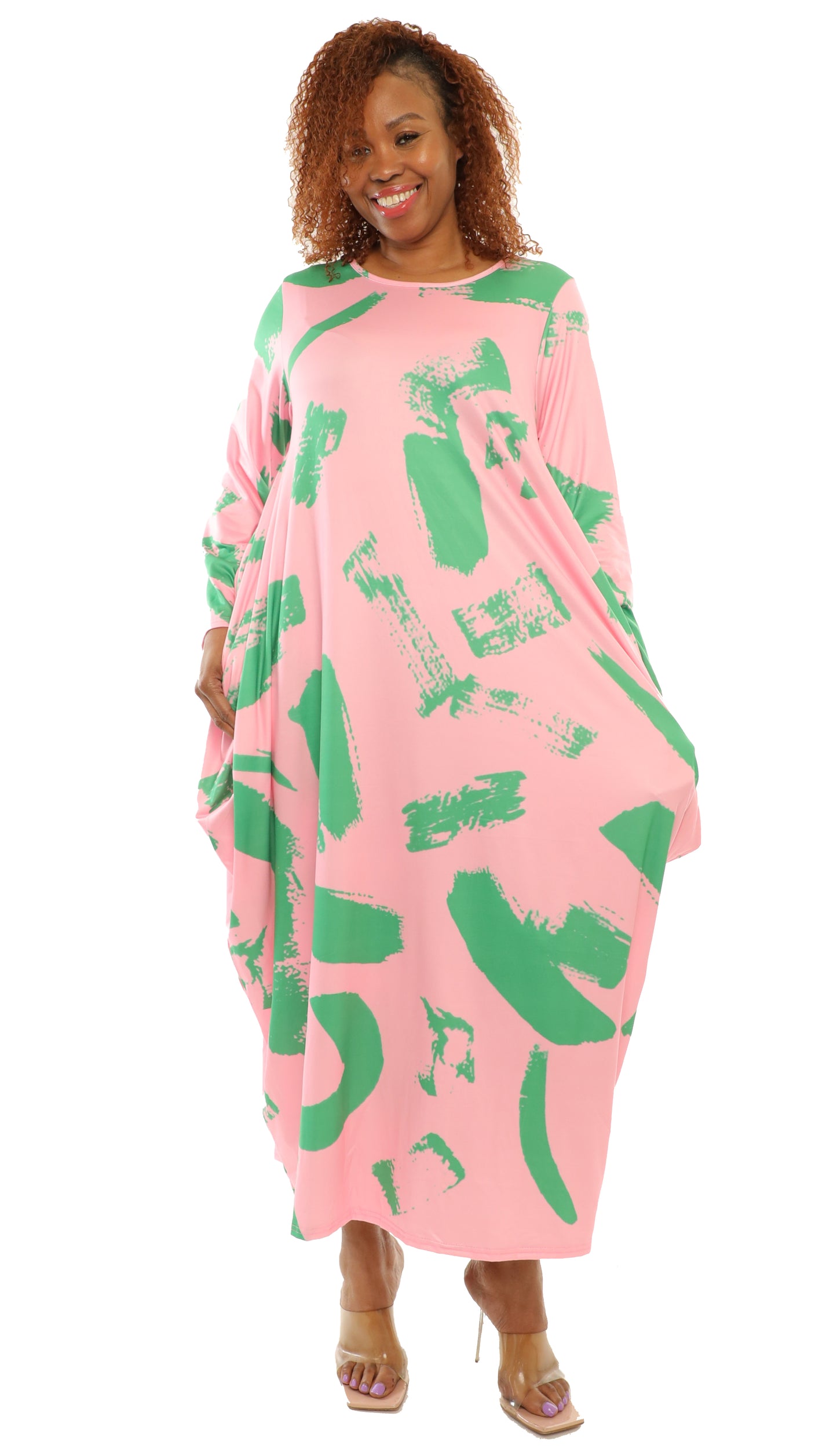 Women's Oversize Loose and Comfortable Fit Baggy Dress Digital Print Long Sleeves With Side Pockets - One Size Fits All