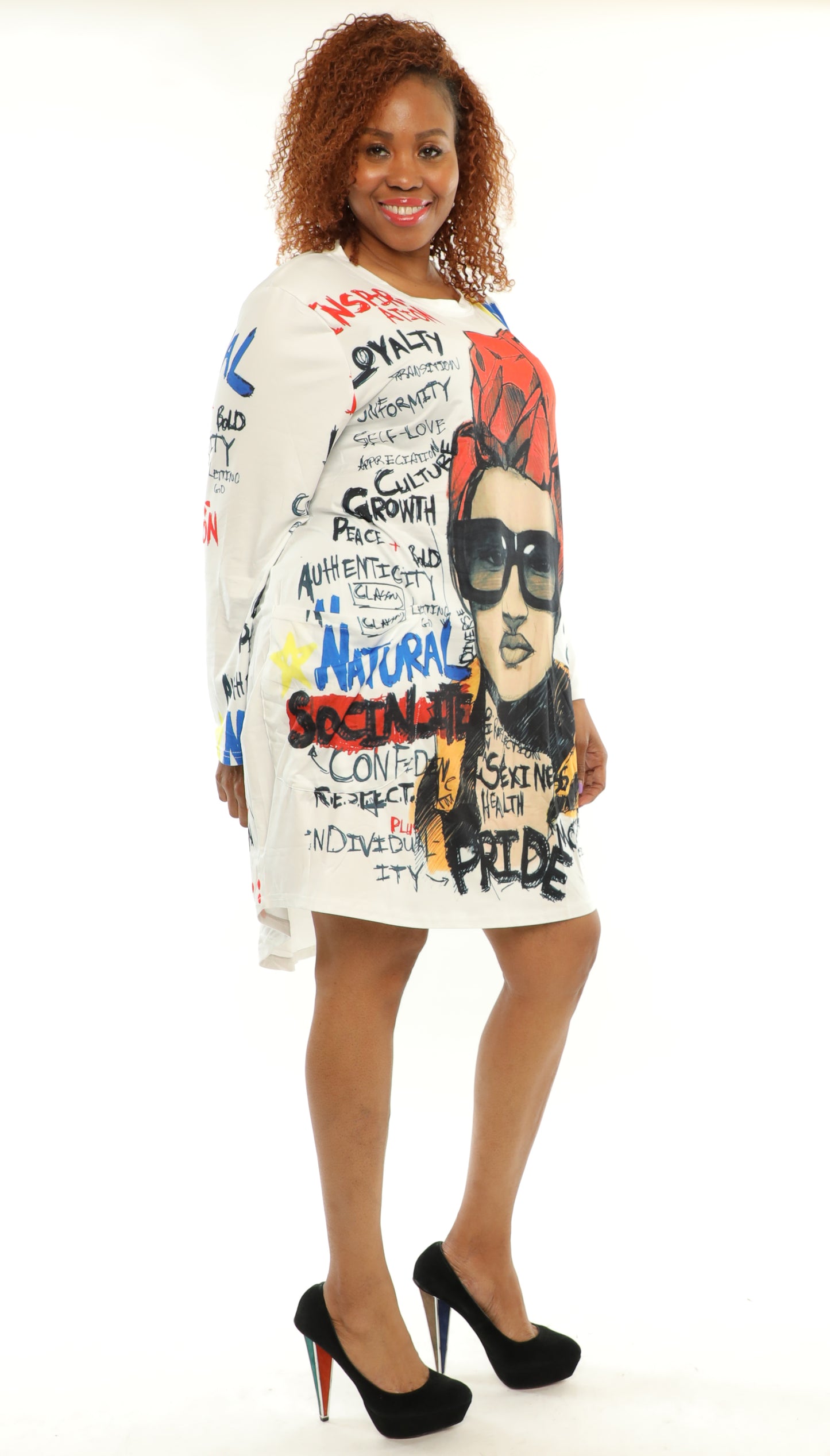 Women's Oversize Loose and Comfortable Fit Baggy Short Dress Digital Print Long Sleeves With Side Pockets - One Size Fits All