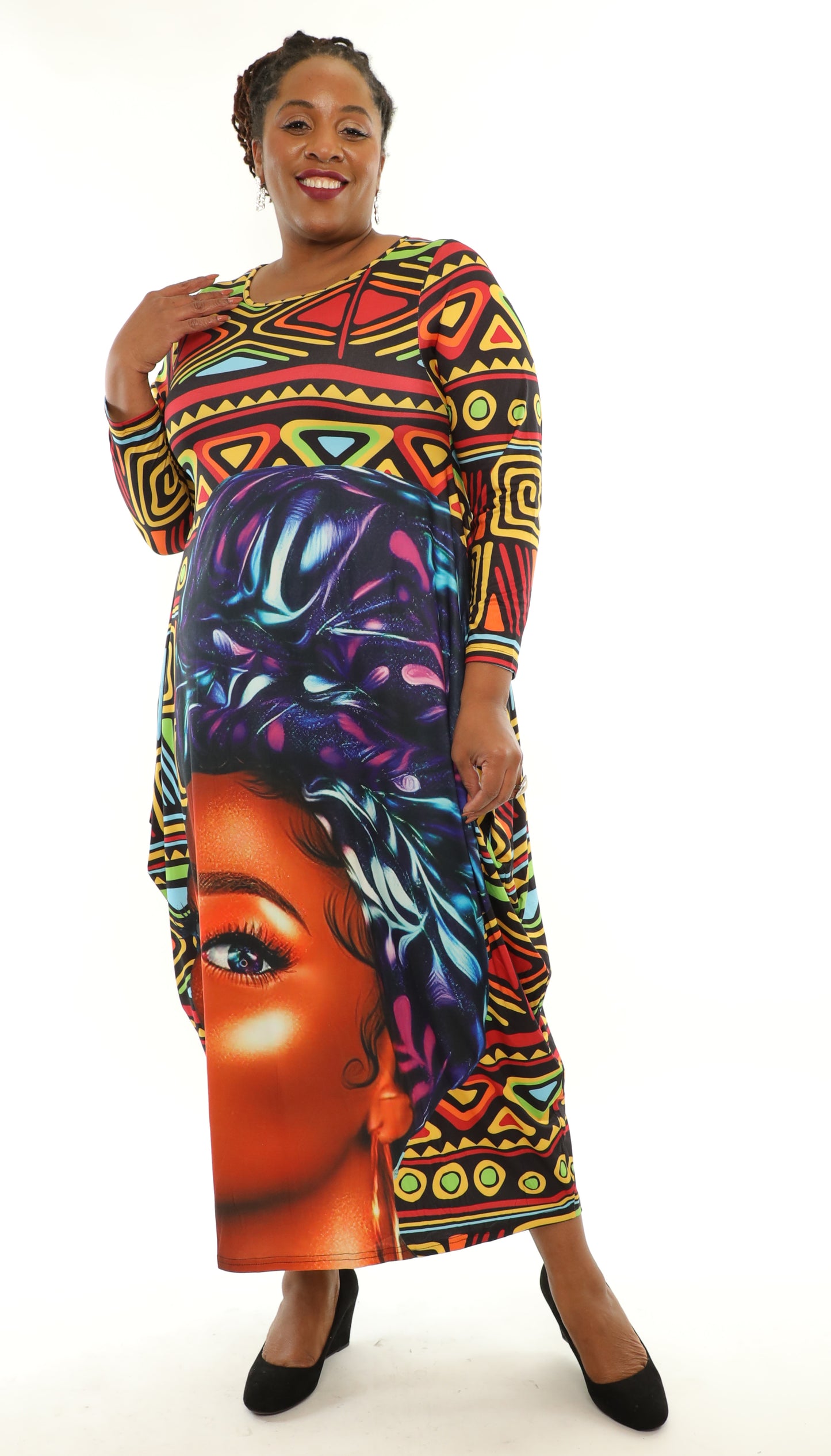 Women's Oversize Loose and Comfortable Fit Baggy Dress Digital Print Long Sleeves With Side Pockets - One Size Fits All