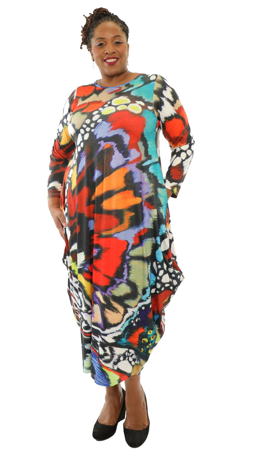 Women's Oversize Loose and Comfortable Fit Baggy Dress Digital Print Long Sleeves With Side Pockets - One Size Fits All