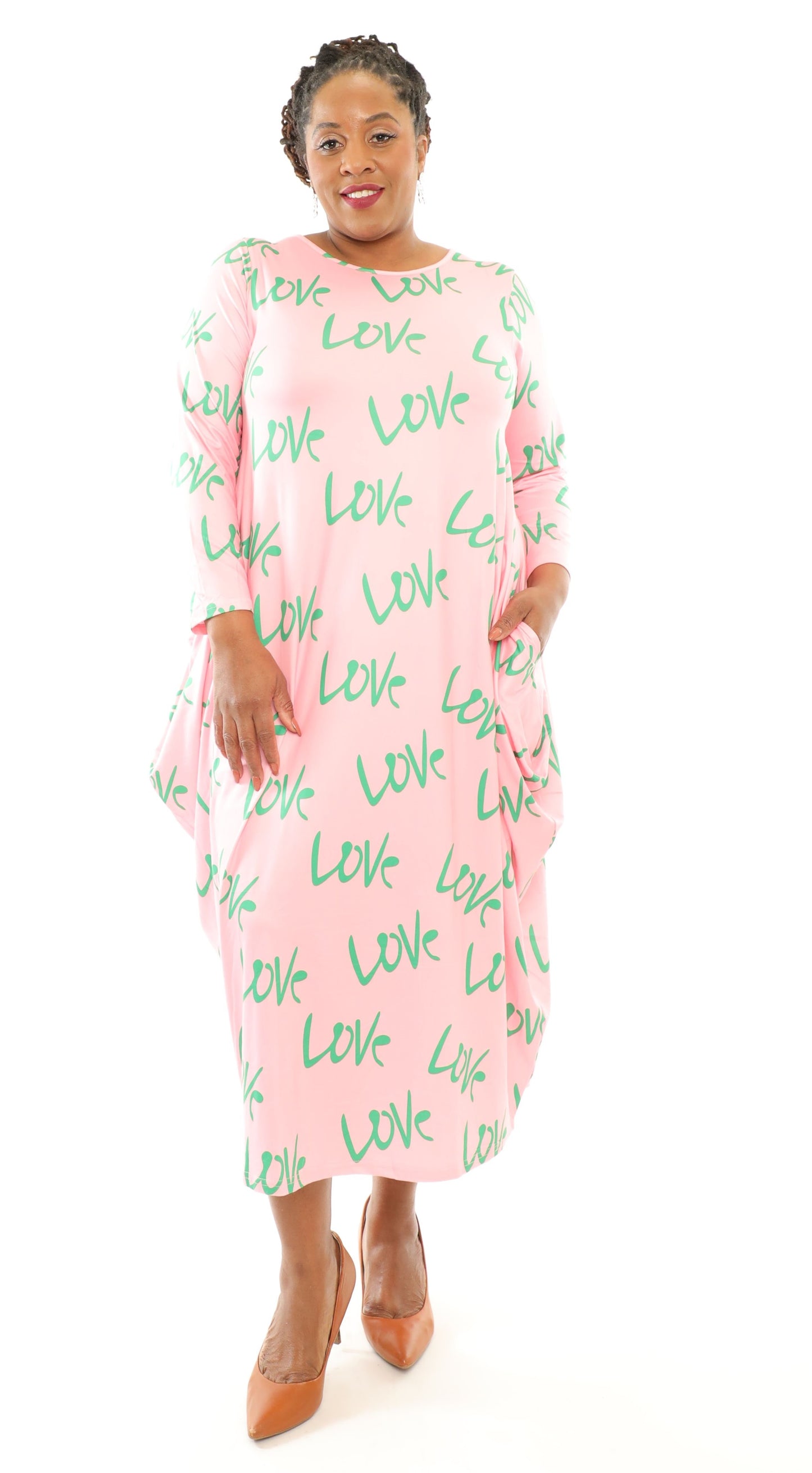 Women's Oversize Loose-Fit Love Pink/Green Comfortable Baggy Dress Full Sleeves With Side Pockets - One Size Fits All