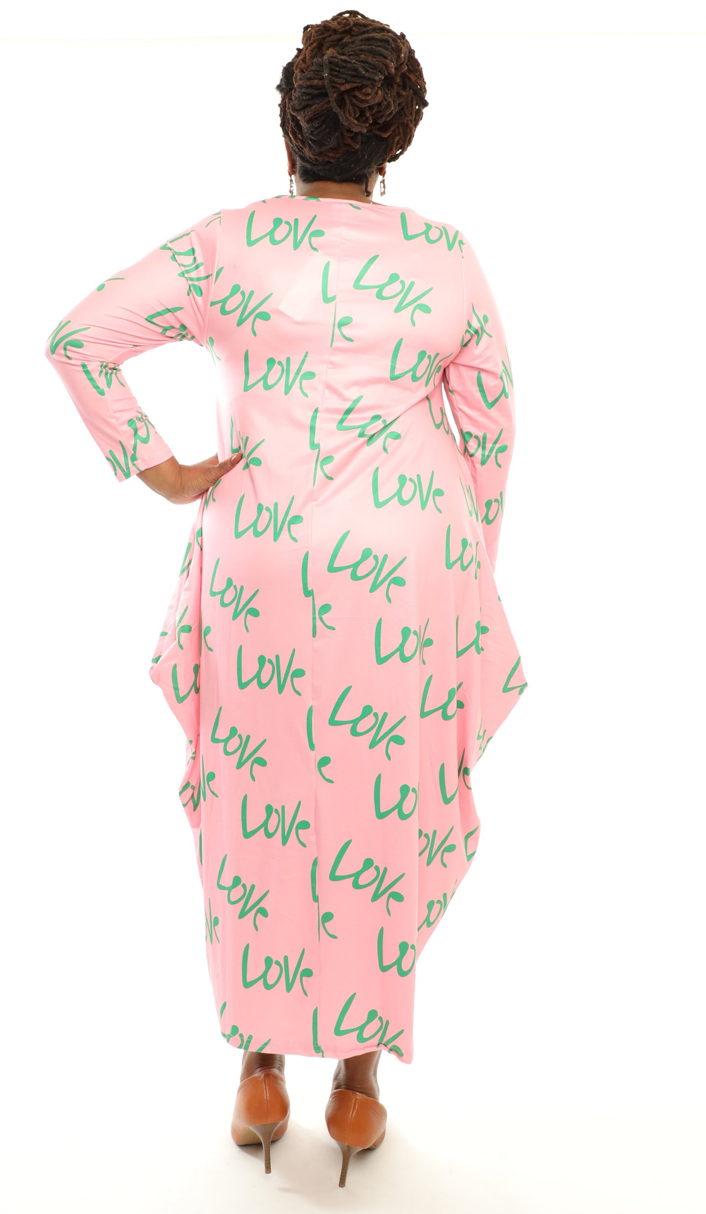 Women's Oversize Loose-Fit Love Pink/Green Comfortable Baggy Dress Full Sleeves With Side Pockets - One Size Fits All