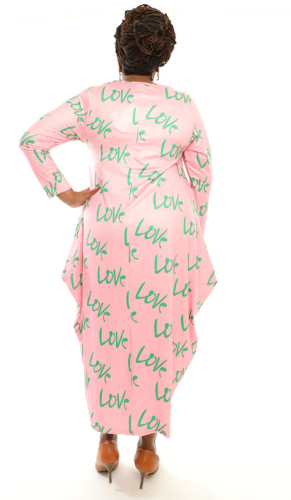 Women's Oversize Loose-Fit Love Pink/Green Comfortable Baggy Dress Full Sleeves With Side Pockets - One Size Fits All