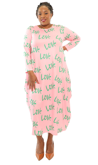 Women's Oversize Loose-Fit Love Pink/Green Comfortable Baggy Dress Full Sleeves With Side Pockets - One Size Fits All