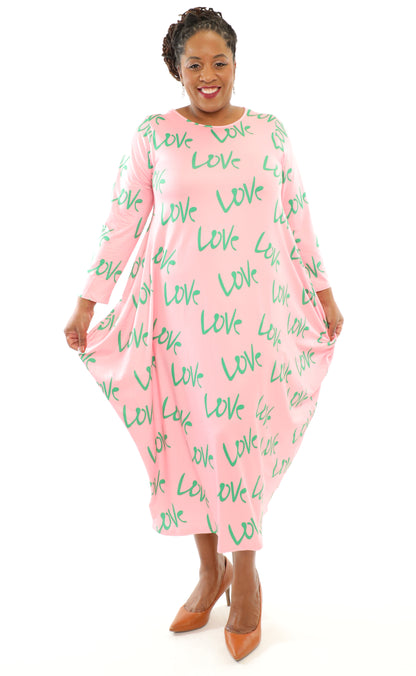 Women's Oversize Loose-Fit Love Pink/Green Comfortable Baggy Dress Full Sleeves With Side Pockets - One Size Fits All