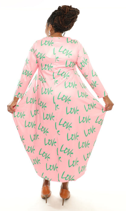 Women's Oversize Loose-Fit Love Pink/Green Comfortable Baggy Dress Full Sleeves With Side Pockets - One Size Fits All