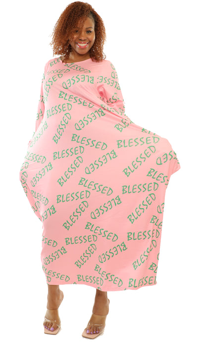 Women's Oversize Loose-Fit Blessed Pink/Green Comfortable Baggy Dress Full Sleeves With Side Pockets - One Size Fits All