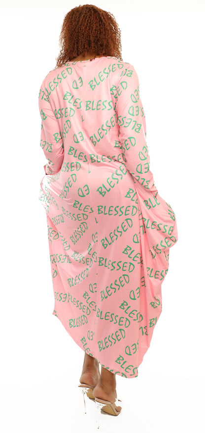 Women's Oversize Loose-Fit Blessed Pink/Green Comfortable Baggy Dress Full Sleeves With Side Pockets - One Size Fits All