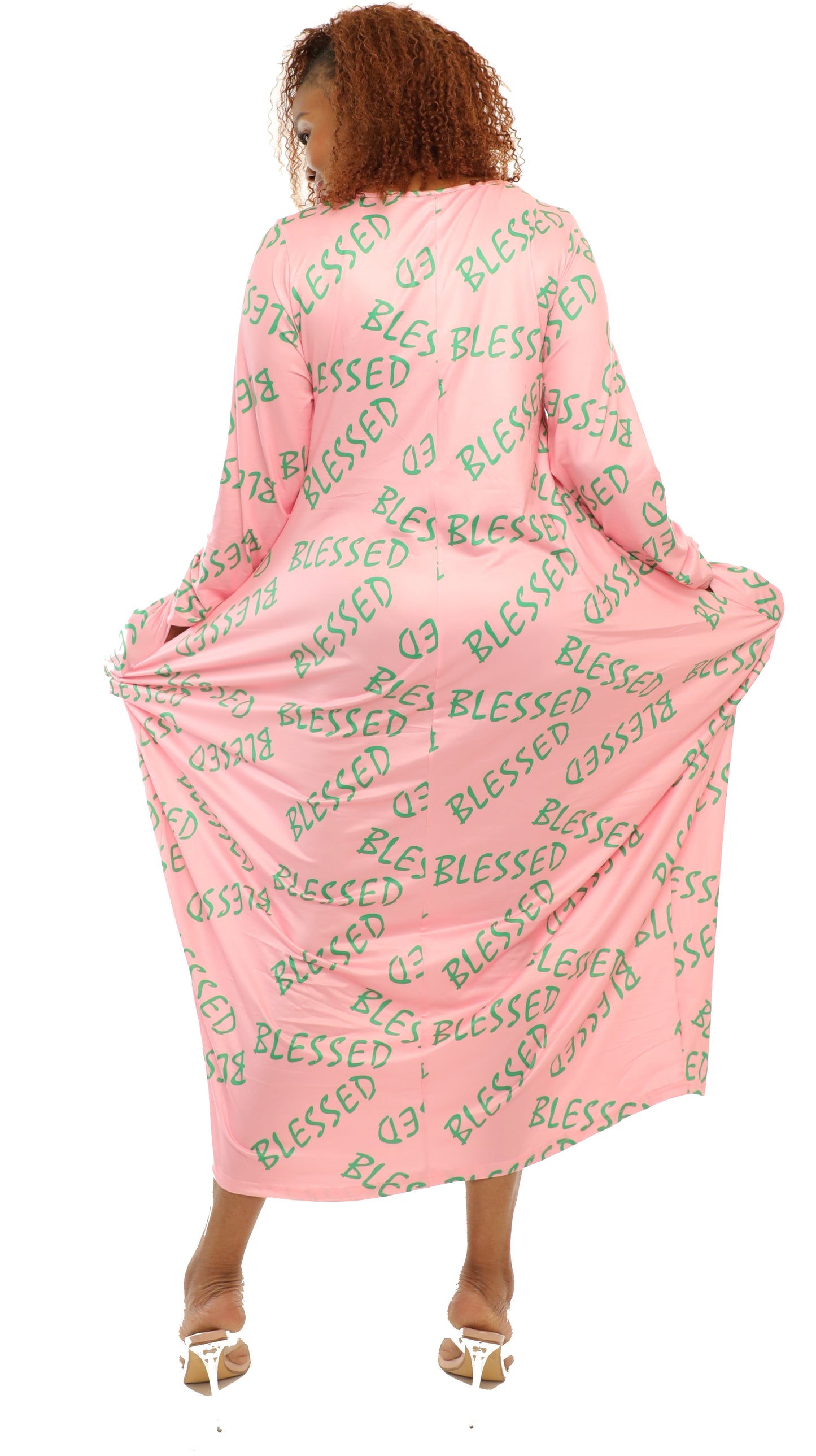 Women's Oversize Loose-Fit Blessed Pink/Green Comfortable Baggy Dress Full Sleeves With Side Pockets - One Size Fits All