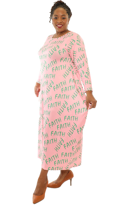 Women's Oversize Loose-Fit Faith Pink/Green Comfortable Baggy Dress Full Sleeves With Side Pockets - One Size Fits All