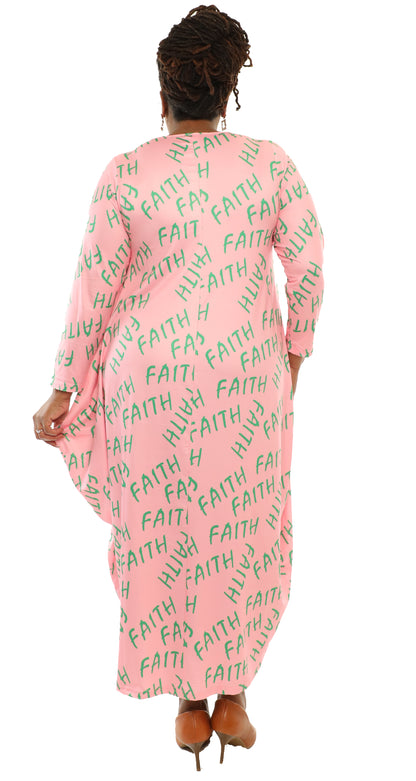 Women's Oversize Loose-Fit Faith Pink/Green Comfortable Baggy Dress Full Sleeves With Side Pockets - One Size Fits All