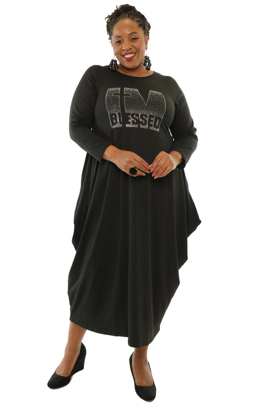 Women's Oversize Loose-Fit I'M Blessed Black Comfortable Baggy Dress Full Sleeves With Side Pockets - One Size Fits All