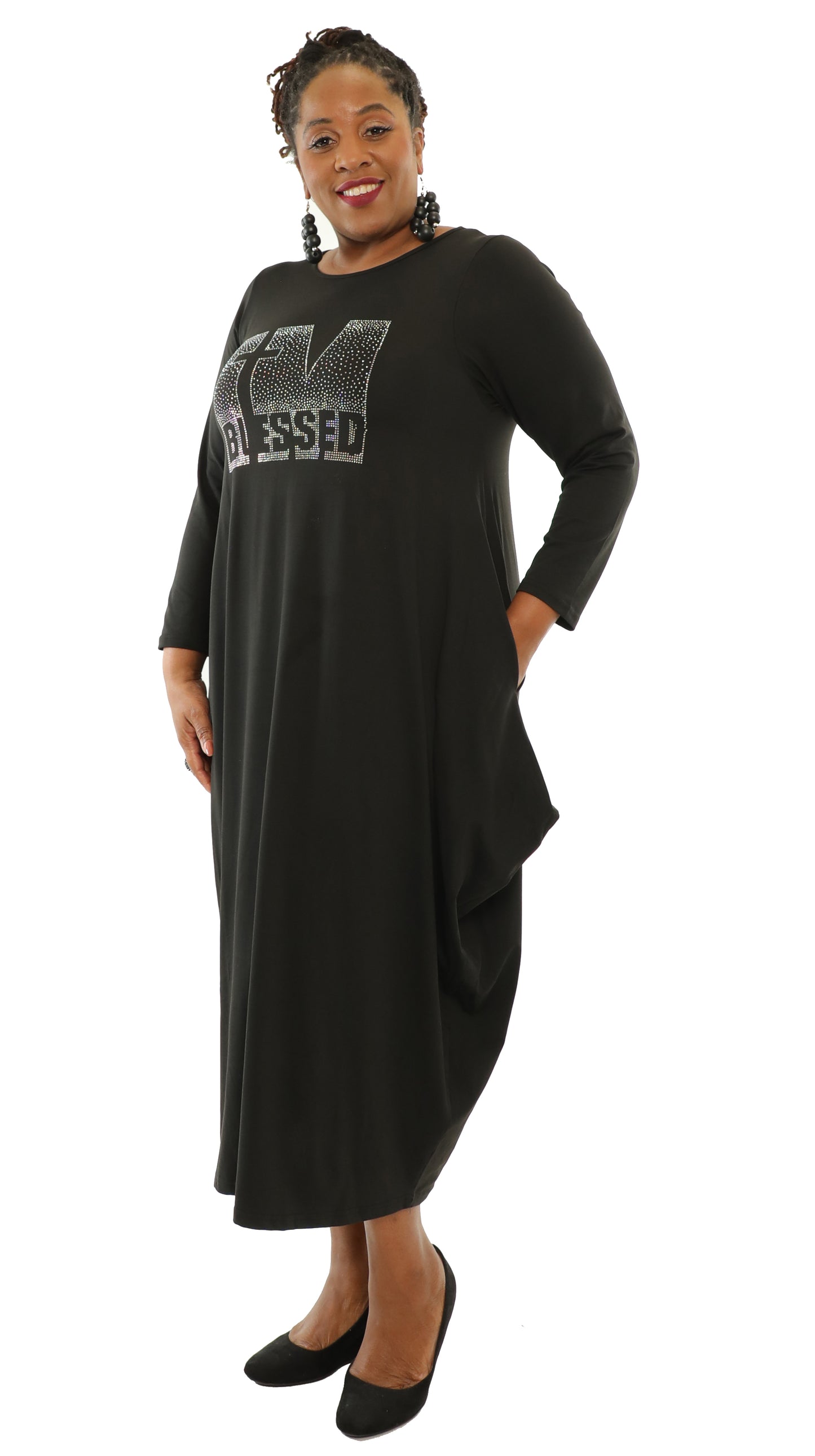 Women's Oversize Loose-Fit I'M Blessed Black Comfortable Baggy Dress Full Sleeves With Side Pockets - One Size Fits All