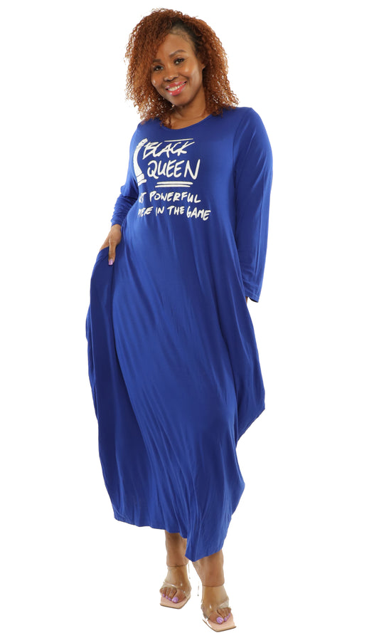 Women's Oversize Loose-Fit Black Queen Verbiage Digital Print Royal Blue Comfortable Baggy Dress Full Sleeves With Side Pockets - One Size Fits All