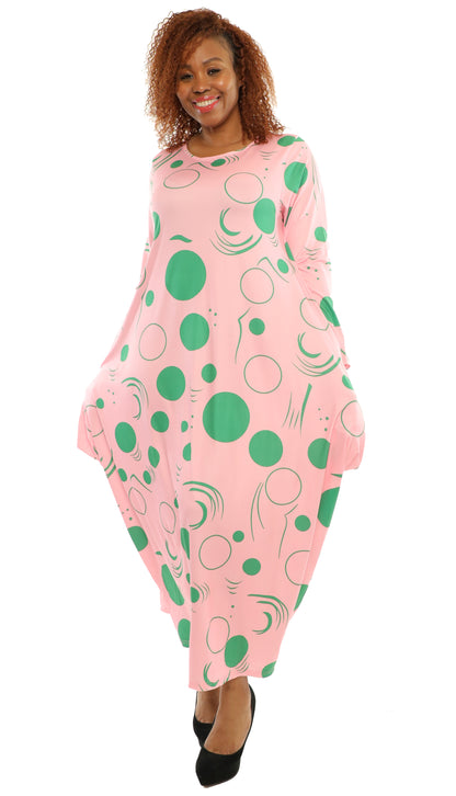 Women's Oversize Loose-Fit Pink Green Digital Print Comfortable Baggy Dress Full Sleeves With Side Pockets - One Size Fits All