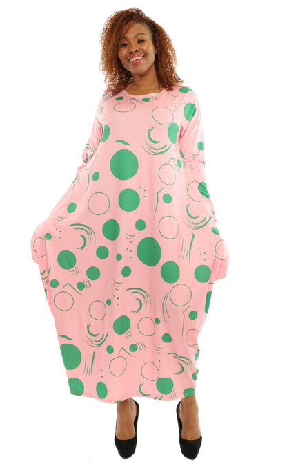 Women's Oversize Loose-Fit Pink Green Digital Print Comfortable Baggy Dress Full Sleeves With Side Pockets - One Size Fits All