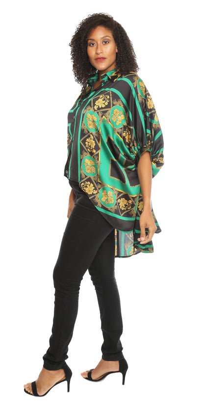 Sexy & Stylish Hi-Low Ultra-Chic Button Down Shirt - Green & Black