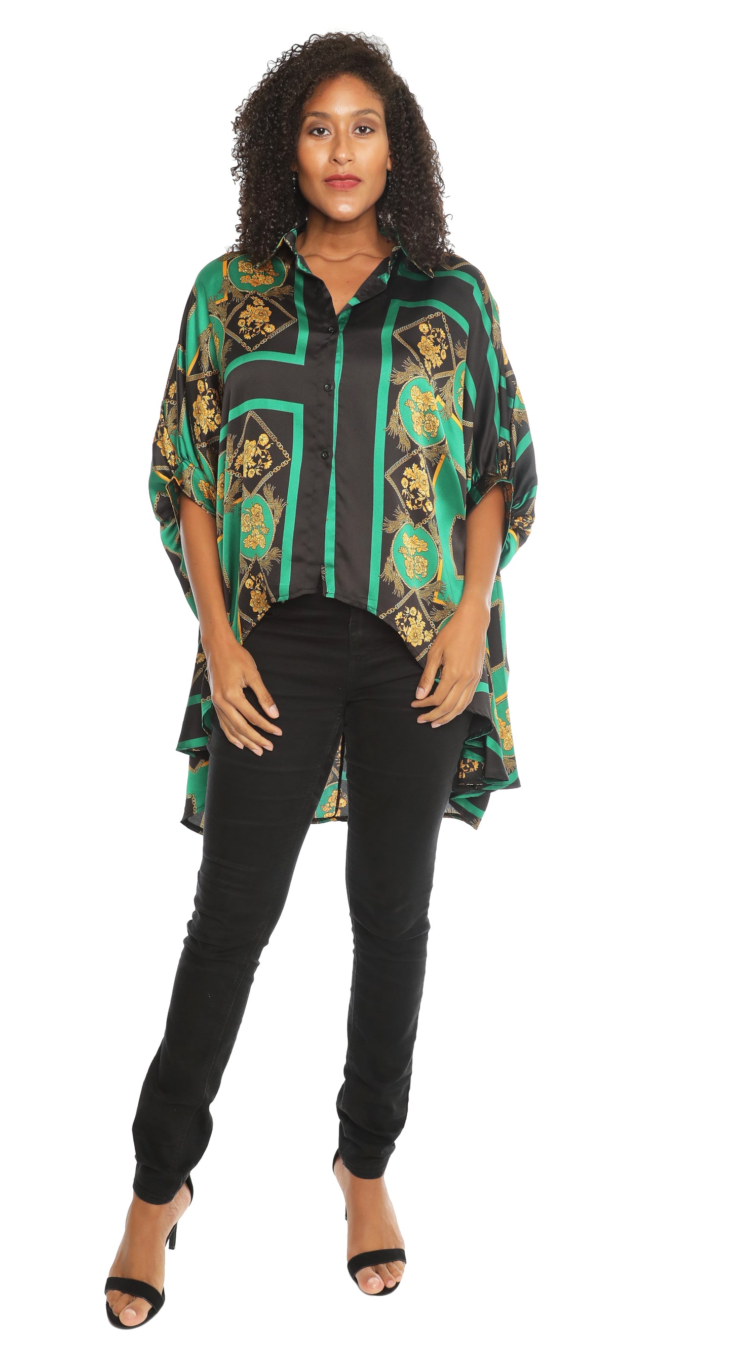 Sexy & Stylish Hi-Low Ultra-Chic Button Down Shirt - Green & Black