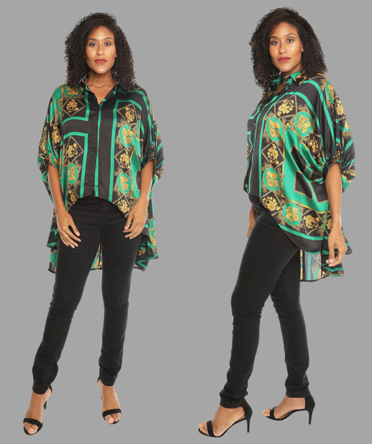 Sexy & Stylish Hi-Low Ultra-Chic Button Down Shirt - Green & Black