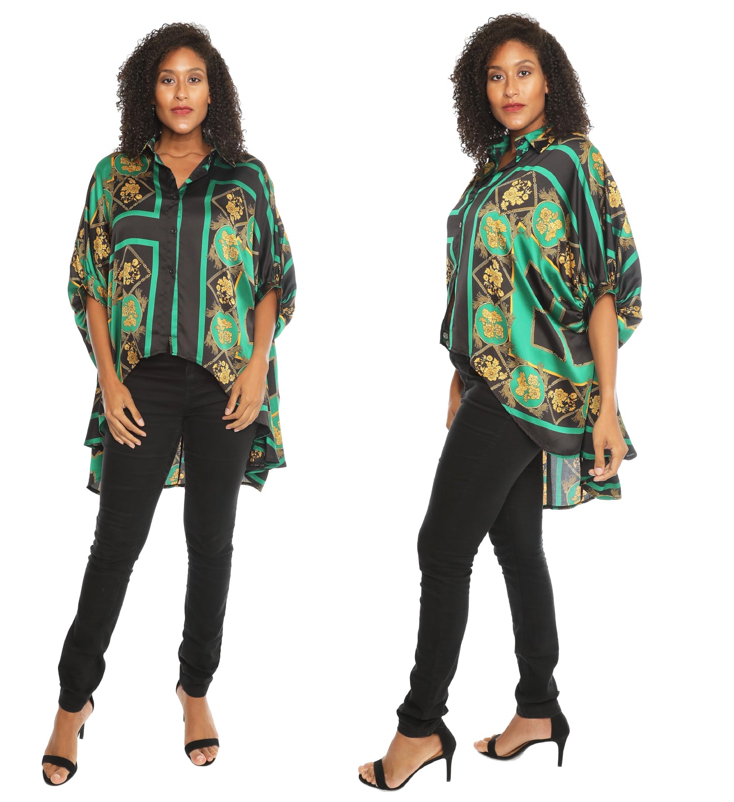 Sexy & Stylish Hi-Low Ultra-Chic Button Down Shirt - Green & Black