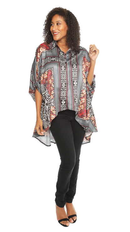 Sexy & Stylish Hi-Low Ultra-Chic Button Down Shirt - Gray & Red