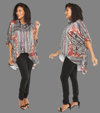 Sexy & Stylish Hi-Low Ultra-Chic Button Down Shirt - Gray & Red