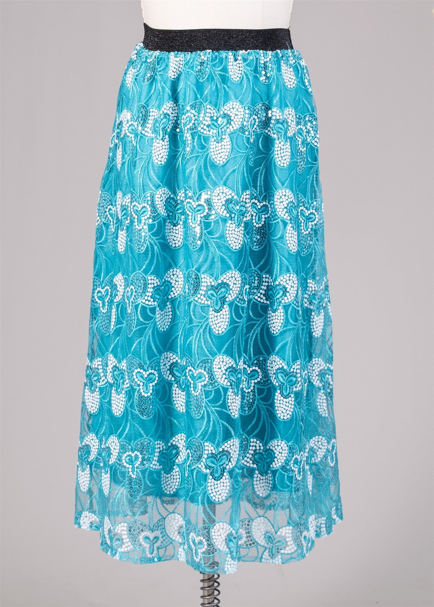 Aqua Blue Floral Print Sequin Skirt - Plus Size Available