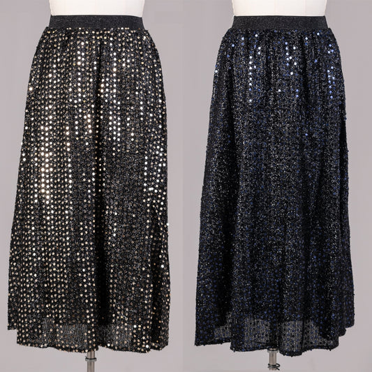 Black Spray Midnight Blue Sequin Maxi Skirt - Plus Size Available