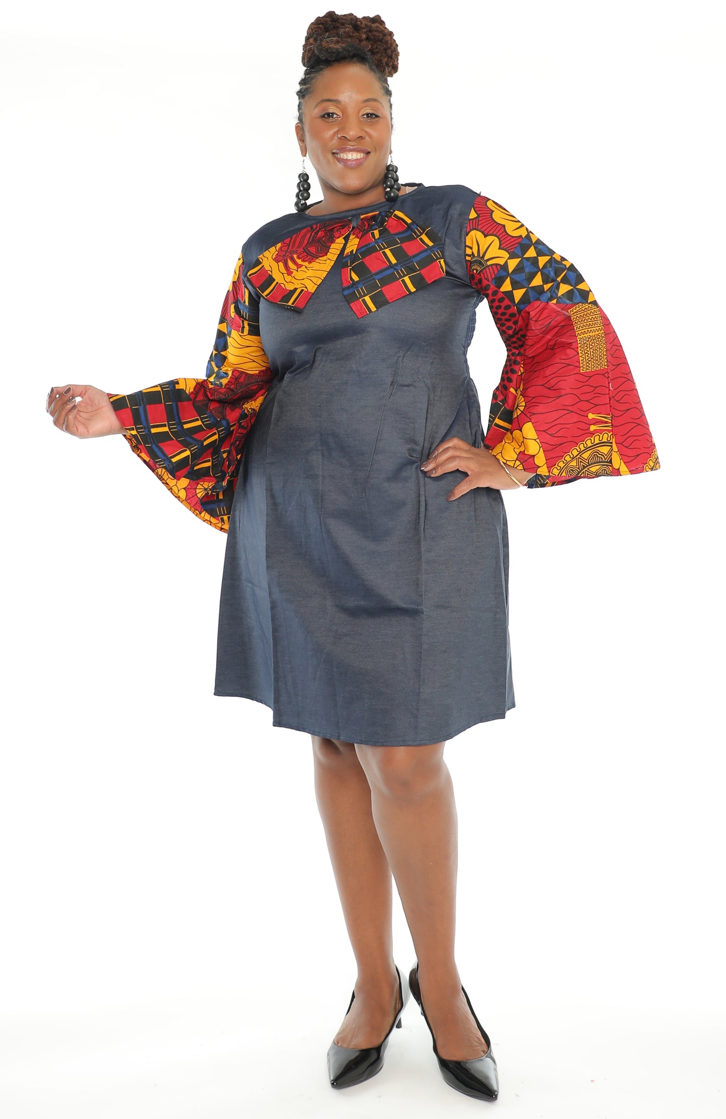 African Denim Print Detachable Bow Denim Dress Short Dress