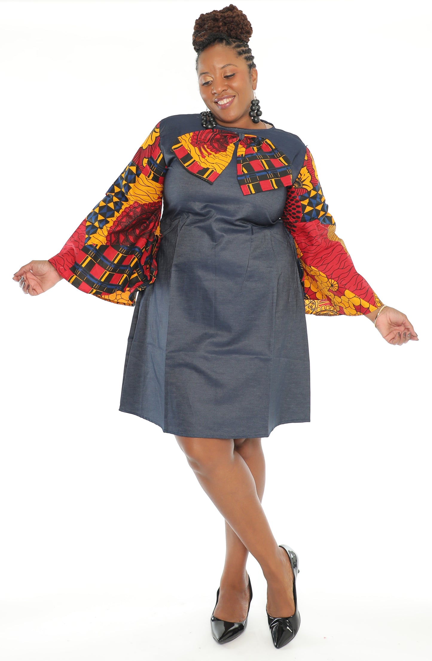 African Denim Print Detachable Bow Denim Dress Short Dress