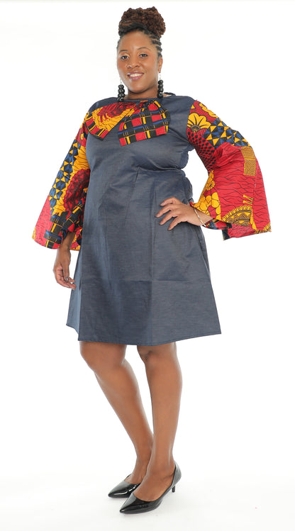 African Denim Print Detachable Bow Denim Dress Short Dress