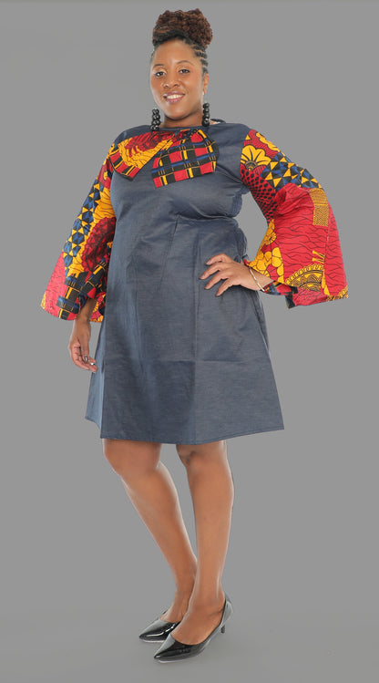 African Denim Print Detachable Bow Denim Dress Short Dress