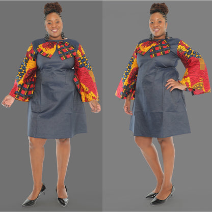 African Denim Print Detachable Bow Denim Dress Short Dress