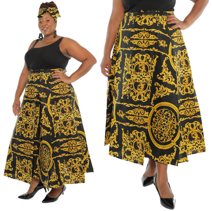 Black/Golden Print Ankle Length Long Skirt With Matching Headwrap