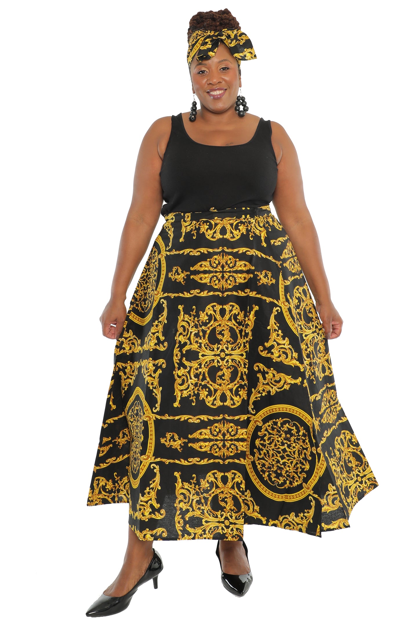 Black/Golden Print Ankle Length Long Skirt With Matching Headwrap