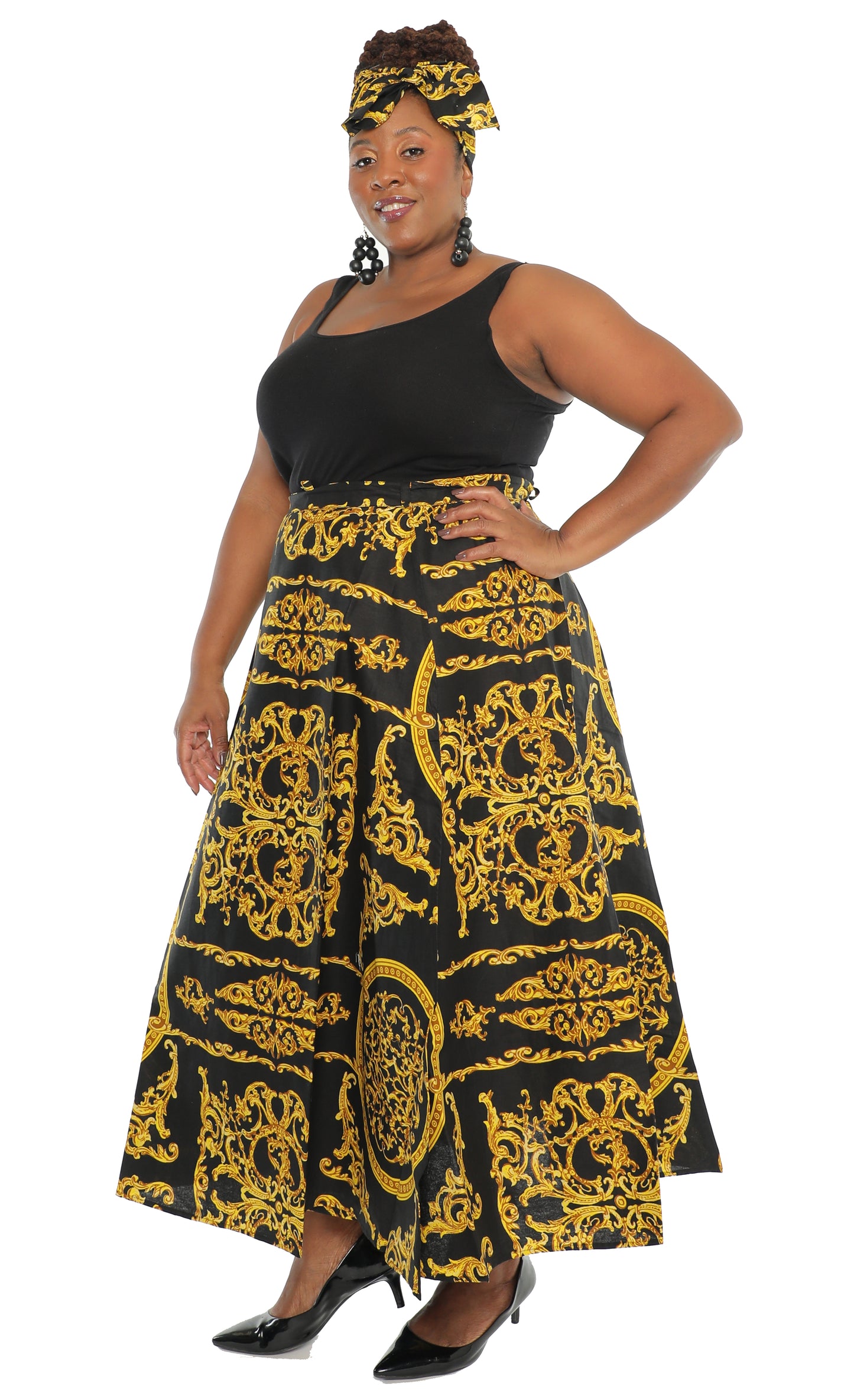 Black/Golden Print Ankle Length Long Skirt With Matching Headwrap