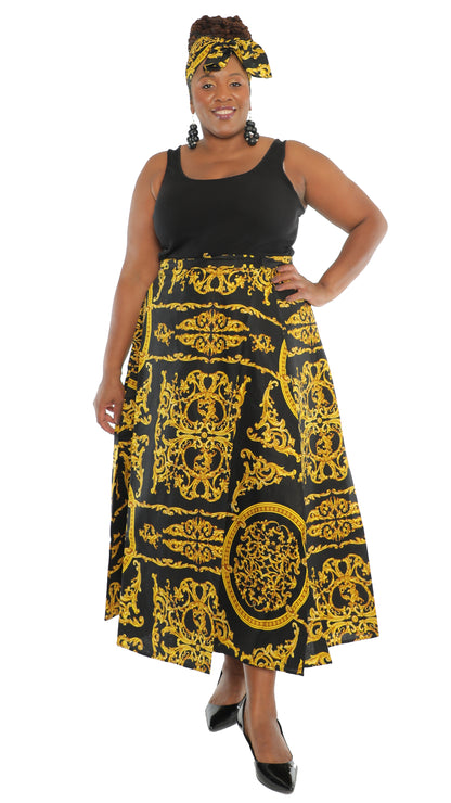 Black/Golden Print Ankle Length Long Skirt With Matching Headwrap