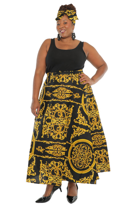 Black/Golden Print Ankle Length Long Skirt With Matching Headwrap