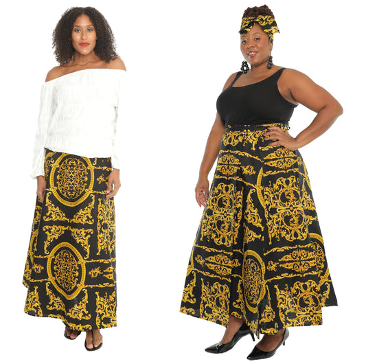 Black/Golden Print Ankle Length Long Skirt With Matching Headwrap