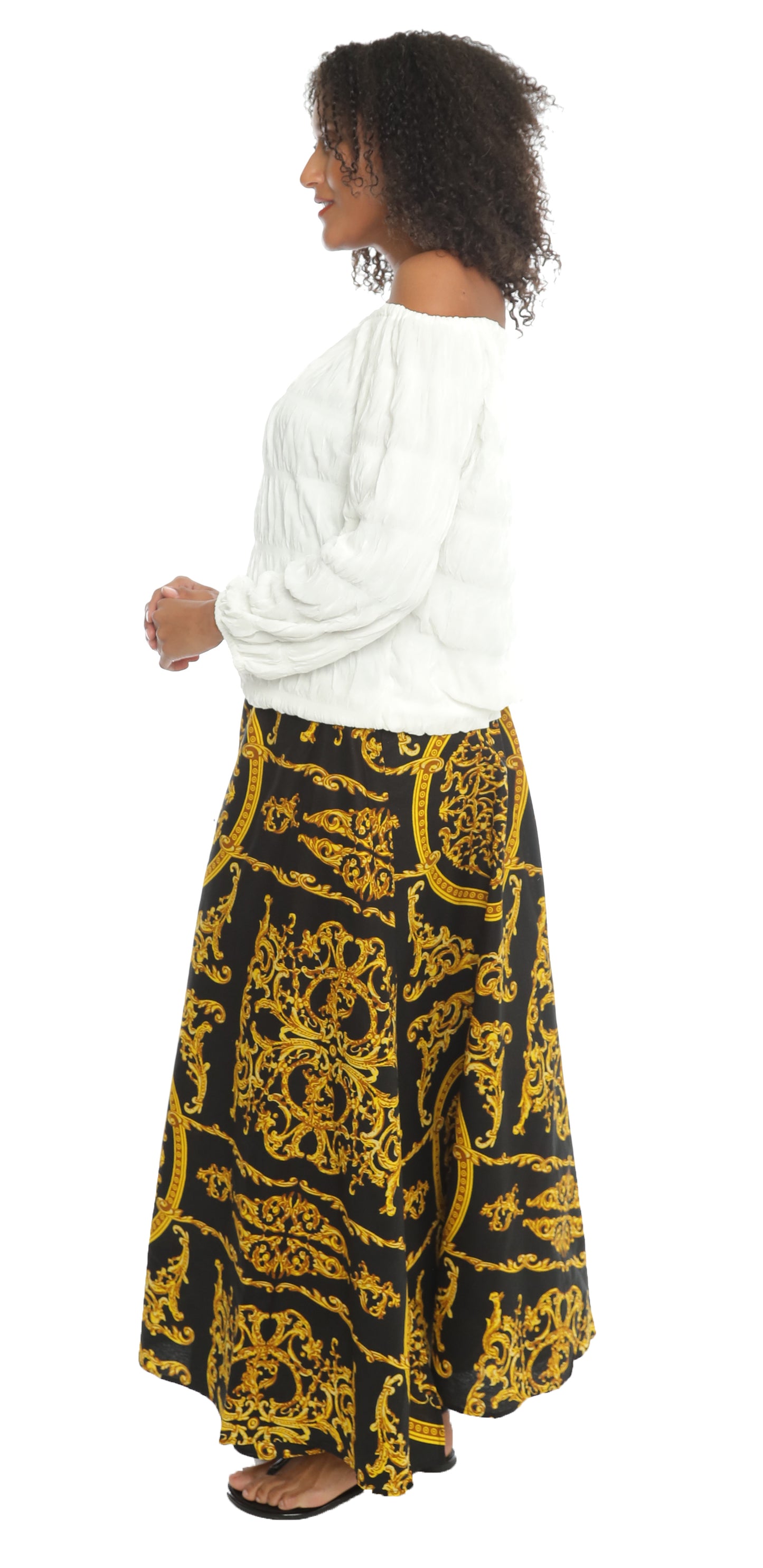 Black/Golden Print Ankle Length Long Skirt With Matching Headwrap