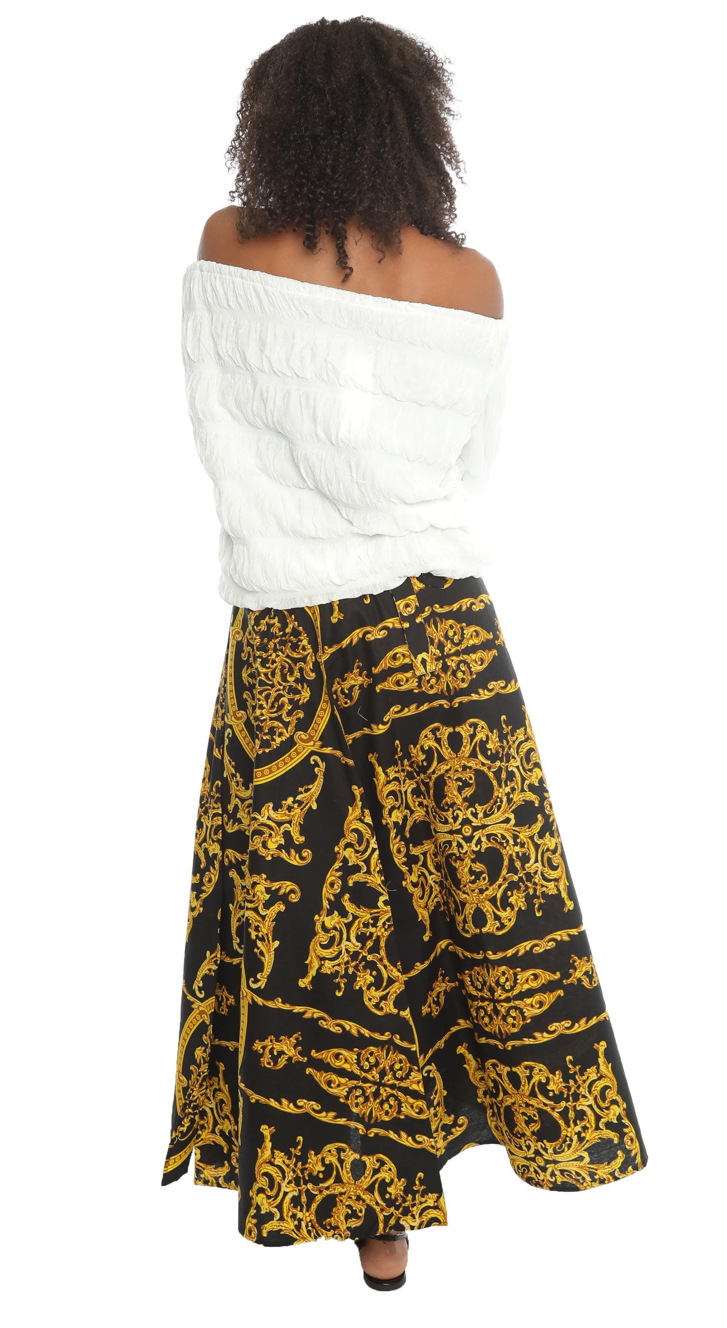 Black/Golden Print Ankle Length Long Skirt With Matching Headwrap