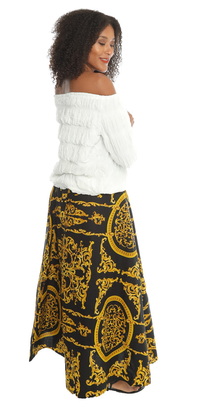 Black/Golden Print Ankle Length Long Skirt With Matching Headwrap