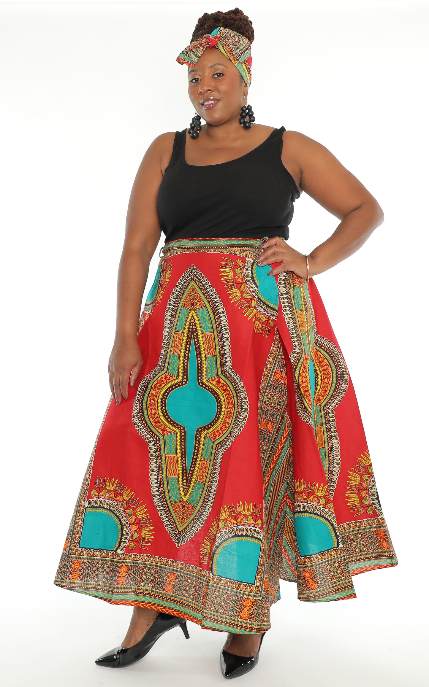 Dashiki Print Long Length Wrap Skirt With Matching Headwrap